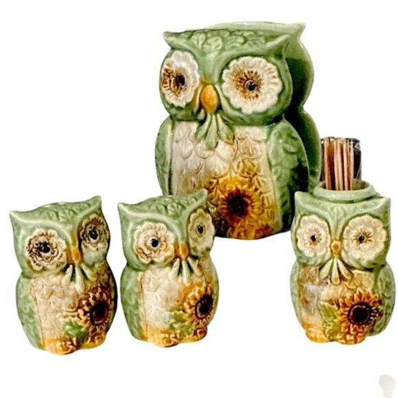 Owl Ceramic Kitchen Set Functional Hand Painted Art Green Yellow Sunflower 4 PC - Picture 9 of 15